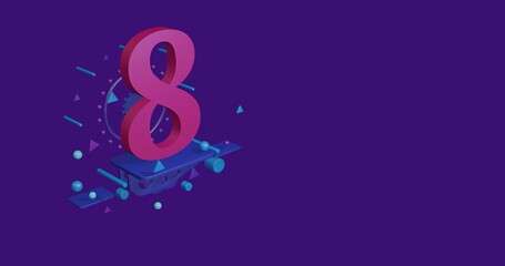 Pink number eight symbol on a pedestal of abstract geometric shapes floating in the air. Abstract concept art with flying shapes on the left. 3d illustration on deep purple background