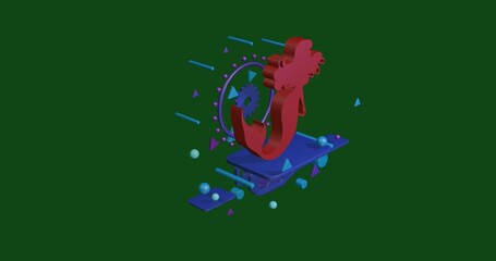 Red mermaid symbol on a pedestal of abstract geometric shapes floating in the air. Abstract concept art with flying shapes in the center. 3d illustration on green background
