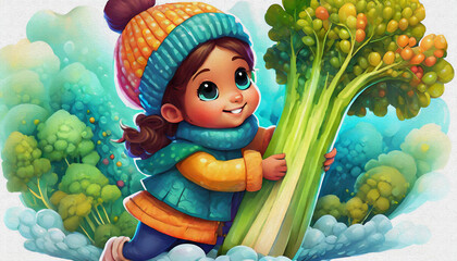 oil painting style CARTOON CHARACTER CUTE BABY Children Exploring a celery on a Chilly Autumn Day