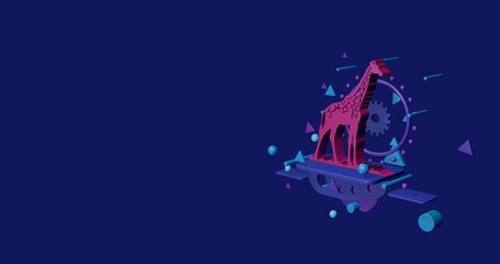 Pink wild giraffe symbol on a pedestal of abstract geometric shapes floating in the air. Abstract concept art with flying shapes on the right. 3d illustration on indigo background