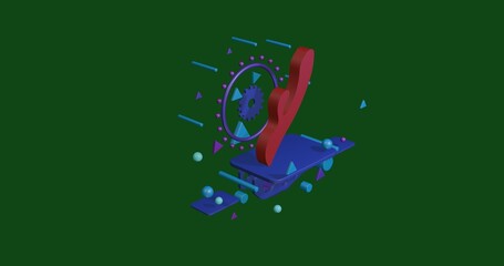 Red sex toy symbol on a pedestal of abstract geometric shapes floating in the air. Abstract concept art with flying shapes in the center. 3d illustration on green background