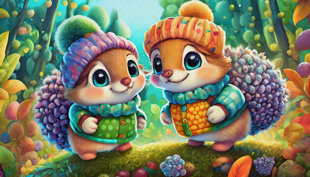 oil painting style CHARACTER CUTE BABY two hedgehogs are walking in the forest