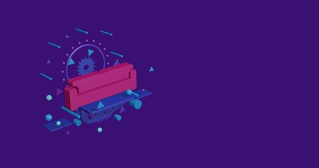 Pink sofa symbol on a pedestal of abstract geometric shapes floating in the air. Abstract concept art with flying shapes on the left. 3d illustration on deep purple background