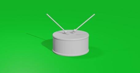 Isolated realistic white drum symbol front view with shadow. 3d illustration on green chroma key background