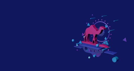 Pink wild camel symbol on a pedestal of abstract geometric shapes floating in the air. Abstract concept art with flying shapes on the right. 3d illustration on indigo background