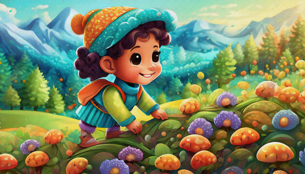 oil painting style CARTOON CHARACTER CUTE BABY Children Exploring a ants on a Chilly Autumn Day