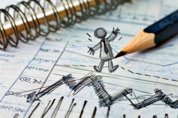 A man is walking on a graph with a pencil in his hand. The graph is showing a downward trend, which could represent a decrease in value or a negative outcome