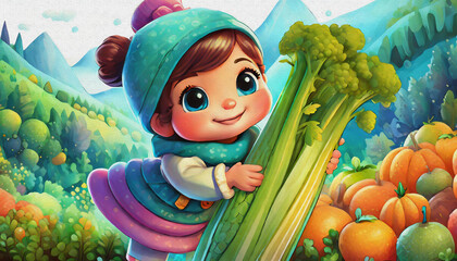 oil painting style CARTOON CHARACTER CUTE BABY Children Exploring a celery on a Chilly Autumn Day