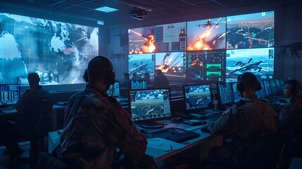 Obraz premium Military Personnel Monitoring Conflict Scenarios in Command Center - Generative AI