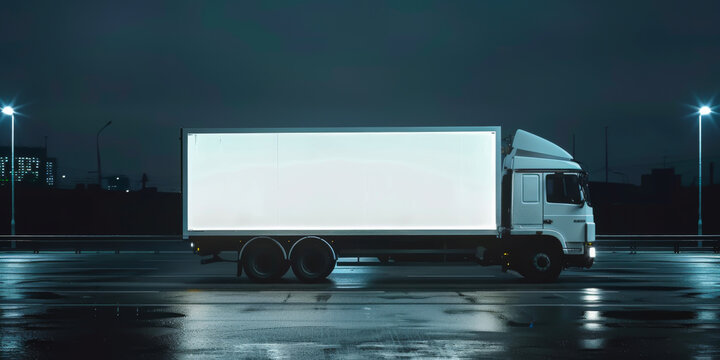 A large white semi truck is parked on a wet road at night. The truck is surrounded by street lights, which create a sense of darkness and mystery. The scene evokes a feeling of solitude and isolation