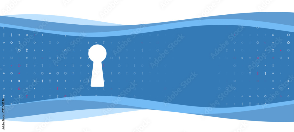 Poster blue wavy banner with a white keyhole symbol on the left. on the background there are small white sh