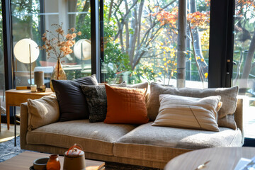 A couch with pillows and a vase of flowers on a table. The couch is in a living room with a view of trees. Scene is cozy and inviting