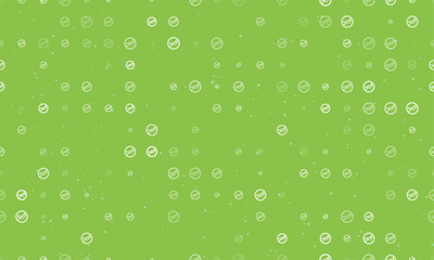 Seamless background pattern of evenly spaced white horning prohibited signs of different sizes and opacity. Vector illustration on light green background with stars