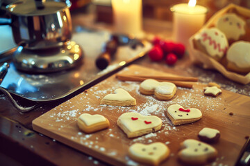 A tray of cookies with hearts on them is sitting on a wooden table. The cookies are decorated with icing and powdered sugar, and there are several candles nearby. The scene suggests a cozy