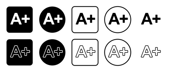 Icon set of A plus symbol. Filled, outline, black and white icons set, flat style.  Illustration on transparent background