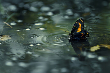 Fototapeta na wymiar A butterfly is sitting on the surface of a body of water. The water is murky and the butterfly is surrounded by leaves and debris