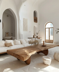 A large rustic wooden coffee table sat in the middle of a white living room with high ceilings and an open window.