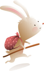 Cute bunny traveler on an adventurous journey. Rabbit character hiking with a backpack. Animal for kids stories and fun adventures. Isolated vector clipart in watercolor colors for children books. - 792042798