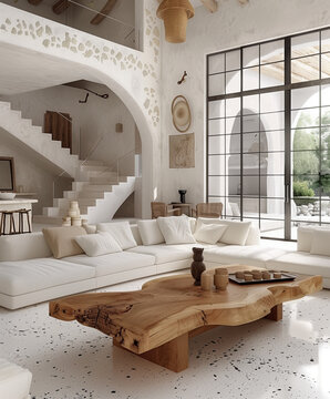 A large rustic wooden coffee table sat in the middle of a white living room with high ceilings and an open window.