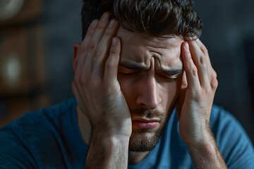 Fototapeta premium A worried man with hands on temples feeling unwell during epilepsy awareness month.