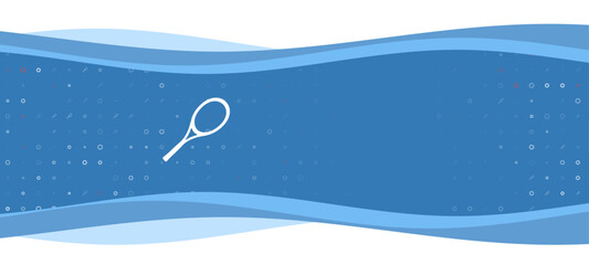 Blue wavy banner with a white tennis racket symbol on the left. On the background there are small white shapes, some are highlighted in red. There is an empty space for text on the right side