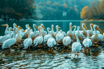 A group of white pelicans are standing in the water. The water is calm and clear. The birds are spread out in the water, with some standing closer to the shore and others further out - obrazy, fototapety, plakaty