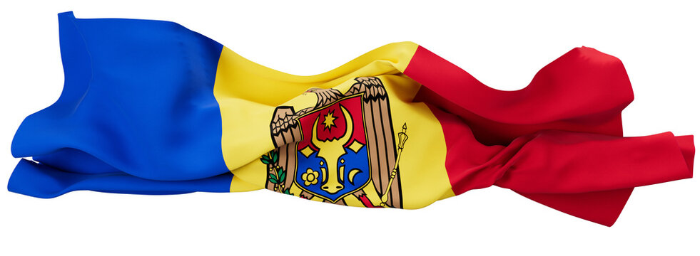 Vibrant Moldovan Flag Waving, Emblazoned with National Coat of Arms