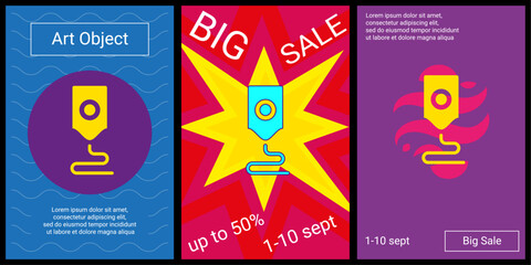 Trendy retro posters for organizing sales and other events. Large 3D printer symbol in the center of each poster. Vector illustration on black background