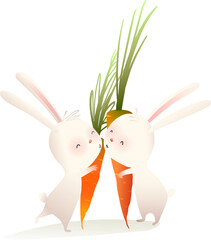 Adorable bunny or rabbit couple illustration. Vector watercolor characters for children sharing kisses hugs and carrots. Animals for kids cartoons, isolated clipart on white.
