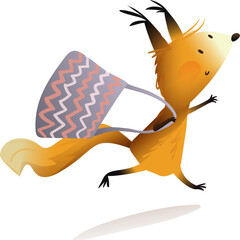 Cute excited squirrel running happily with tote bag. Squirrel character funny jumping and running. Animal for kids stories and fun adventures. Isolated vector clipart in watercolor colors for children - 792043518