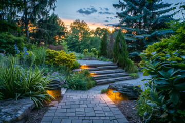 Fototapeta premium A walkway with a stone path and a series of steps leading up to a house. The walkway is lit up with lights, creating a warm and inviting atmosphere