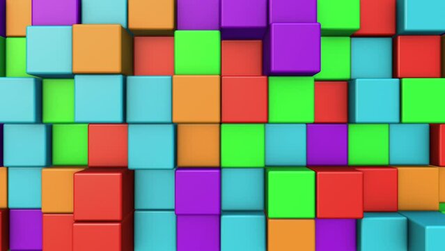 4K three-dimensional multi-colored cubes slide out one by one. 3D squares animation. Saturated abstract background