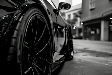 A black car with a shiny black tire. The car is parked on a street in a city