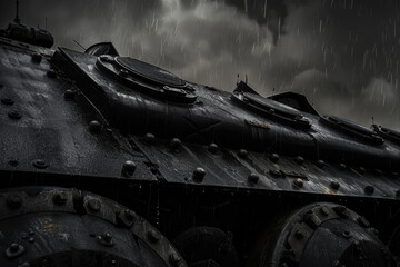 A black tank with rusted metal and rain on it. Scene is somber and melancholic