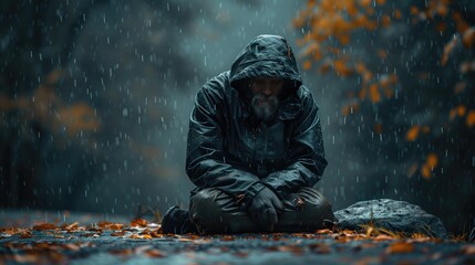 Hooded man sitting in the rain and looking at the falling leaves
