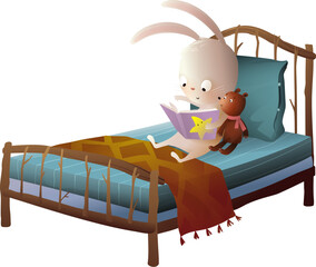 Cute teddy bear and bunny reading book in bed before sleeping. Bed with toys for children bedroom and reading books before sleep. Isolated vector clipart in watercolor colors for kids.