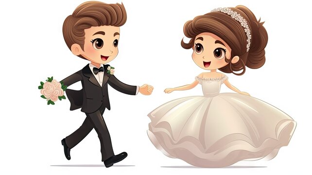 Illustration of couple in wedding attire running - Two stylish cartoon characters in wedding outfits depicted in a lighthearted escape, blending modern designs with traditional marital symbolism