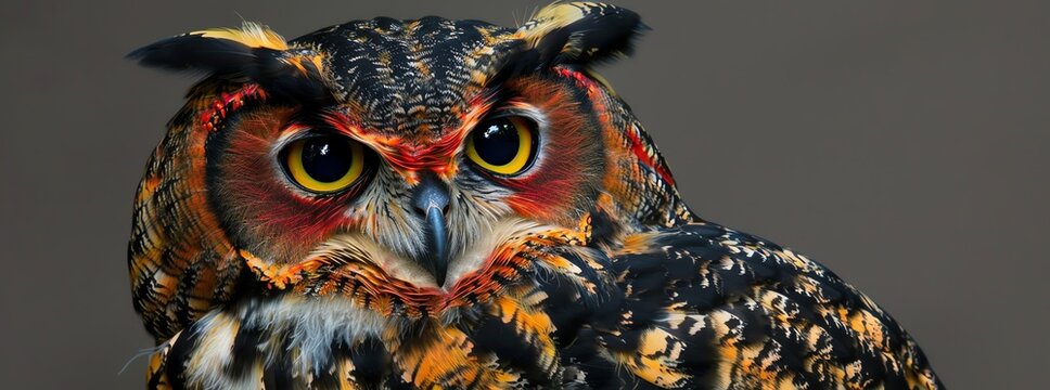 A stunning photo of an owl with feathers that look like vibrant red and black, with bright yellow eyes The closeup shot captures the intricate patterns on its wings, creating a mesmerizing display of