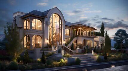 Modern luxury house in the evening. Panoramic view of a modern house.