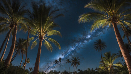 Starry night backdrop seen through the swaying fronds of lush palm trees.
