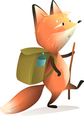 Cute fox traveler on an adventurous journey. Red fox character hiking with a backpack. Animal for kids stories and fun adventures. Isolated vector clipart in watercolor colors for children books.