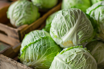 Fototapeta premium A crate full of green cabbage. The cabbage is fresh and ready to be eaten. The crate is wooden and has a rustic feel to it