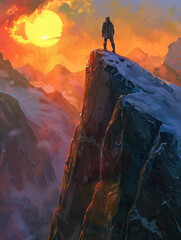Lone Explorer Overlooking Mountain Vista at Sunset - A solitary figure stands atop a high cliff, gazing at a sunset over rugged mountains. - obrazy, fototapety, plakaty