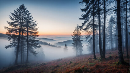 Fototapeta na wymiar Mystical Autumn Fog in Black Forest, Autumnal Trees, and Firs - Generative AI