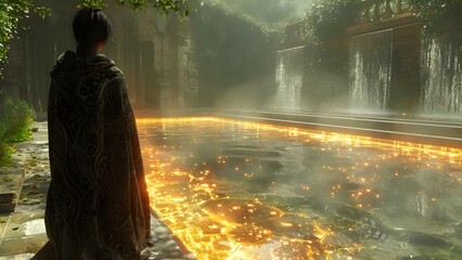 A figure in a tapestry cloak stands by a glowing pool. Concept Fantasy, Mystical, Tapestry Cloak, Glowing Pool, Enigmatic Figure