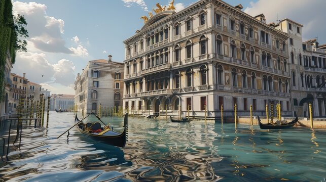 A grand Venetian palazzo rising from the tranquil waters of the canal, its elegant facade adorned with ornate carvings and gilded balconies. As gondolas glide past, 