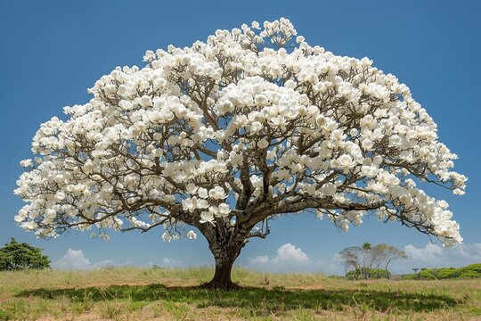 Experience the mesmerizing beauty of a blooming white Ip&ecirc; tree, where delicate white flowers are illuminated by sunlight against a backdrop of clear blue skies