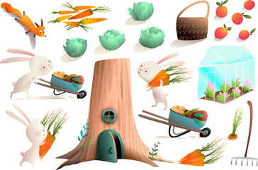 Rabbits or bunnies farmers harvesting vegetables carrots, cabbage and apples. Gardening and farming clip art collection for kids with cute animals characters. Vector isolated clip art for children.