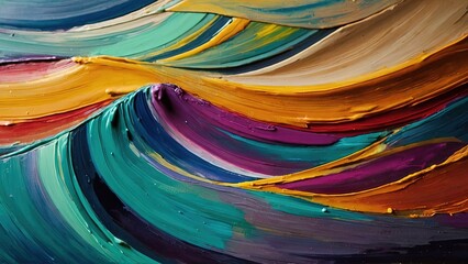 Close-up of an abstract backdrop image using pallet knife paint, oil brushstrokes, and vibrant hues. Concept art