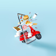 Fast food online delivery concept on blue background. Red scooter coming through the smartphone screen with food orders. 3D Rendering, 3D Illustration - 792045176